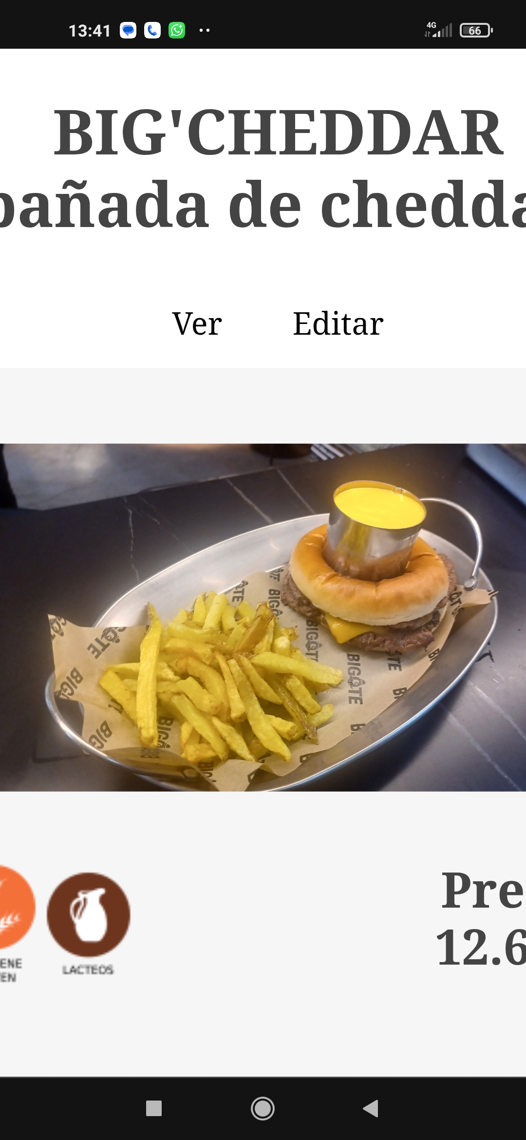 Dos patys (dos carnes) de ternera rubia gallega , con queso cheddar y coronada con salsa cheddar sobre el pan brioche.  Pide guantes